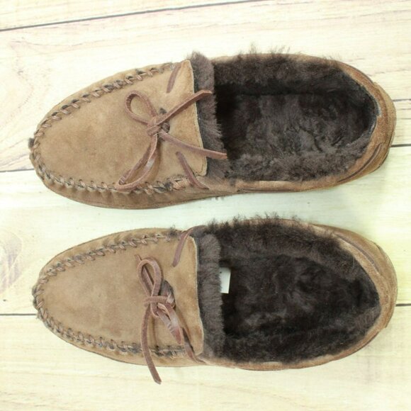 LL Bean Dark Brown Suede Wicked Good Shearling Lined Moccasin Slippers Size 9 M - Picture 7 of 9